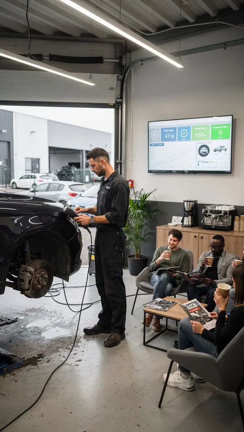 Vue d’ensemble d’un garage équipé pour la maintenance des freins et suspensions critiques